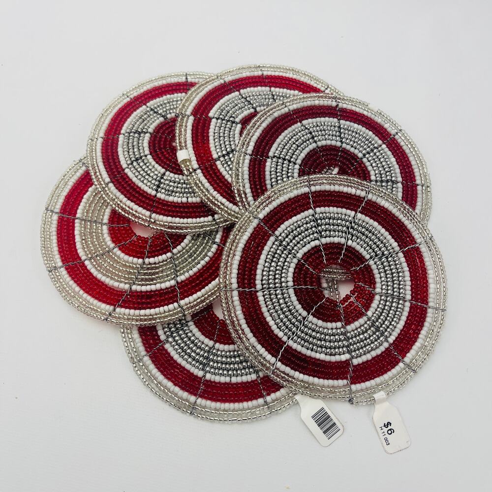 Shanga African Maasai Handmade Red White Silver Beaded Coasters 4 1/2” Set of 6